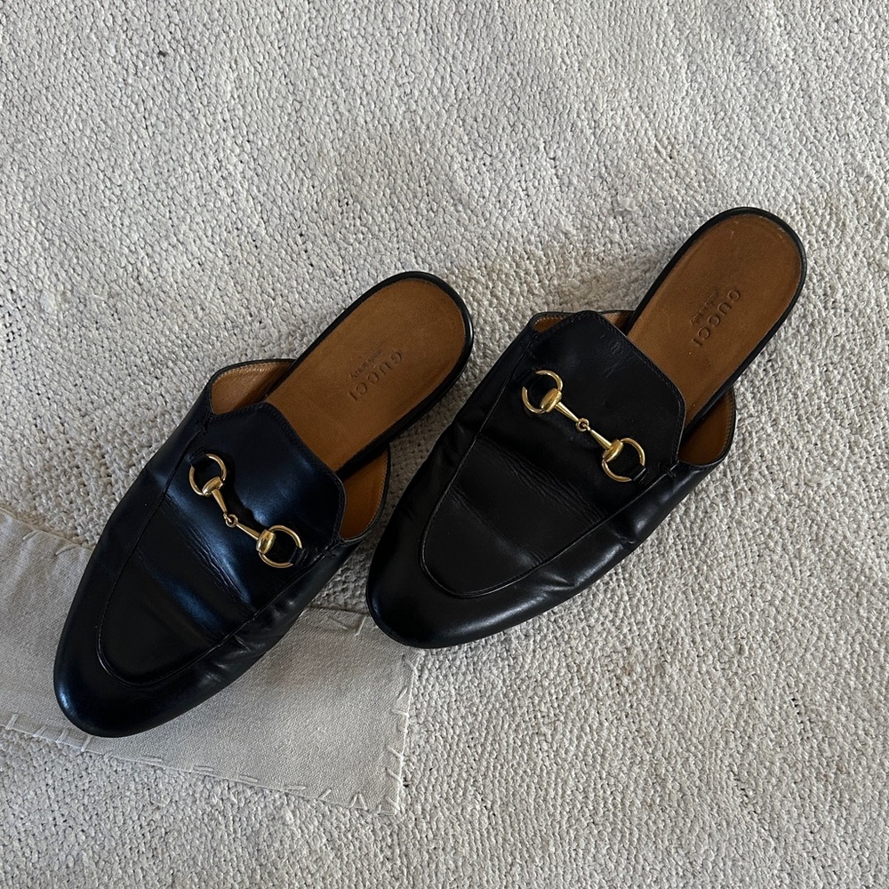 Gucci Black Leather Horsebit Mules with Gold Hardware